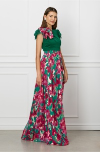 Rochie DY Fashion lunga verde cu imprimeu floral roz pe fusta si floare maxi la umar
