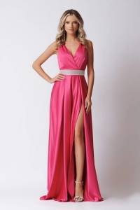 Rochie eleganta lunga din tafta cu slit pe picior si centura cu detalii