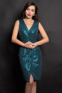 Rochie eleganta petrecuta Luiza verde cu paiete si glitter