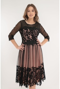 Rochie eleganta roz cu tulle negru si model floral din catifea