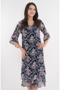 Rochie evazata din voal bleumarin cu print floral maxi