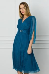 Rochie Ginette albastru petrol din matase naturala cu accesoriu in talie