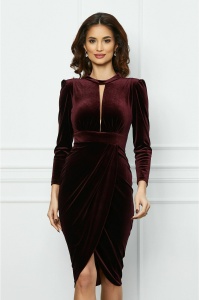 Rochie Ginette bordo din catifea cu decupaj la decolteu