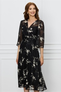 Rochie Ginette neagra cu imprimeuri si aplicatii florale in talie