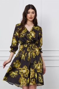 Rochie Ilona neagra cu flori verde lime si cordon in talie
