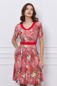 Rochie Kara rosie cu imprimeu floral galben