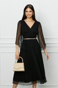 Rochie Leonard Collection neagra din matase cu banda aurie in talie