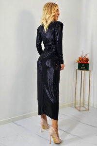 Rochie lunga de seara Julietta, cu falduri si crapatura pe picior, Negru Metalizat, Marime S/M - Img 2