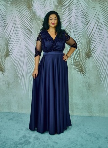 Rochie lunga de tafta si broderie catifelata bleumarin Anastasia - Img 2