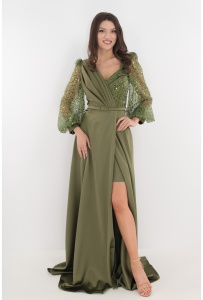 Rochie lunga eleganta olive din tafta