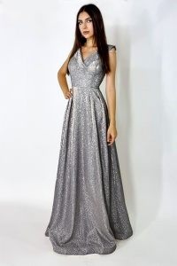 Rochie lunga Elize, cu pliuri definite si decolteu cu mansete pe umeri, Argintiu inchis, Marime universala S/M - Img 4