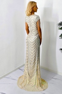 Rochie lunga Sabrina, cu paiete si cristale artizanale, Crem/Argintiu - Img 5