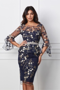 Rochie MBG bleumarin cu broderie florala bej