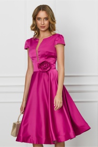 Rochie MBG fucsia din satin cu trandafir in talie