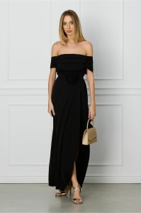 Rochie MBG neagra lunga cu trandafir in talie