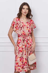 Rochie Mira bej cu imprimeuri florale si cordon in talie