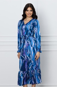 Rochie Moze albastra cu imprimeuri si nasturi decorativi pe bust