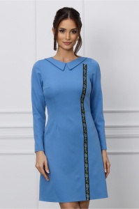 Rochie Moze bleu cu guler si banda florala decorativa