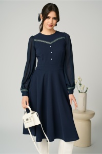 Rochie Moze office din stofa bleumarin cu broderie si nasturi pe bust.