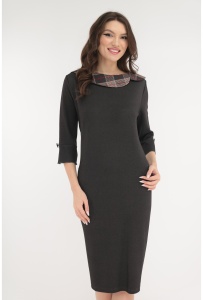 Rochie office antracit cu guler din stofa in carouri bordo
