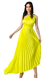 Rochie plisata asimetrica Elza, cu decupaj in zona taliei, Galben, Marime S/M - Img 6