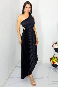 Rochie plisata asimetrica Elza, cu decupaj in zona taliei, Negru, Marime S/M - Img 4