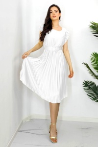 Rochie plisata midi, Elenor, cu volanase si curea asortata, Alb, Marime universala S/M - Img 1