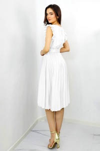 Rochie plisata midi, Elenor, cu volanase si curea asortata, Alb, Marime universala S/M - Img 5