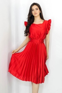 Rochie plisata midi, Elenor, cu volanase si curea asortata, Rosu, Marime universala S/M - Img 3