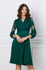 Rochie Rona verde cu dantela la bust si fusta plisata