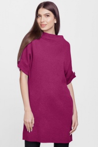 Rochie scurta tricotata, cu maneca scurta si nasture, din vascoza, magenta