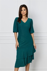 Rochie Vero verde cu glitter si volan la baza
