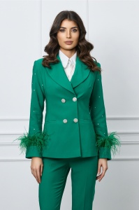Sacou LaDonna verde cu strasuri si pene aplicate manual