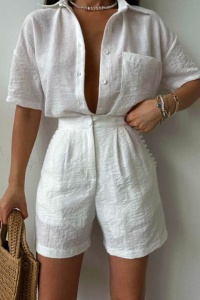 Compleu cu bumbac creponat, Jolin, camasa si pantaloni scurti cu pense, Alb - Img 3