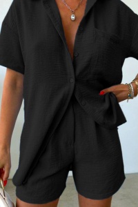 Compleu cu bumbac creponat, Jolin, camasa si pantaloni scurti cu pense, Negru - Img 5