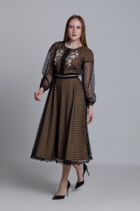 Rikaya Long cream dress in black tulle with polka dots - Img 5