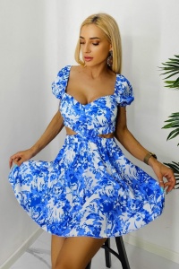 Rochie babydoll Zarra, cu maneca bufanta si croi decupat, Albastru, Marime S/M - Img 1