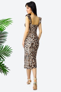 Rochie bodycon Ditsy, slit adanc si imprimeu animal print leopard, Bej, Marime S/M - Img 5
