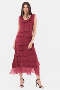 Rochie bordo din matase naturala cu volane franjurate suprapuse, fara maneci