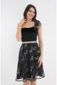 Rochie clos neagra din dantela fina si catifea