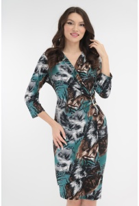 Rochie cocktail cu print abstract maro-turcoaz si accesoriu in talie