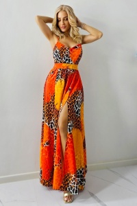 Rochie cocktail Fernanda, croi semidecupat si funda la spate, Orange Savana, Marime S/M/L - Img 4