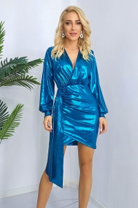Rochie de ocazie Glena, cu aspect metalic si detaliu asimetric, Albastru, Marime S/M - Img 1
