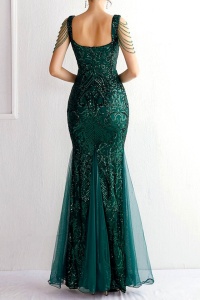 Rochie de ocazie Isolde, cu detaliu din tull, cristale si imprimeu royal, Verde - Img 4
