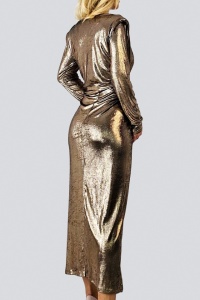 Rochie de ocazie Julietta, cu falduri si crapatura pe picior, Bronz Metalizat, Marime S/M - Img 4