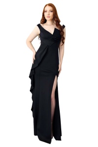 Rochie de ocazie Zahea, cu crăpătură amplă si fantă asimetrica tip fundă, Negru - Img 6