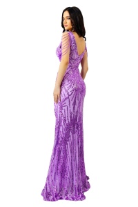 Rochie de seara Lady Margo, cu pene, paiete si decolteu adanc cu tull, Mov - Img 7