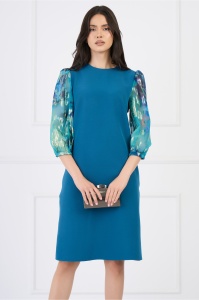 Rochie DY Fashion eleganta din stofa turcoaz cu maneci din voal cu print albastru