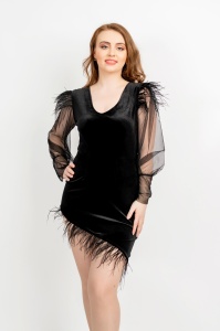 Rochie eleganta de ocazie neagra cu pene si maneci Ruby By Malika Fashion - Img 2