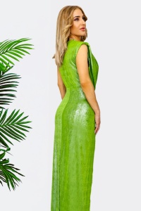 Rochie eleganta Ilaria, croiala cu fronseuri si decolteu adanc, Verde deschis metalizat, Marime S/M - Img 2